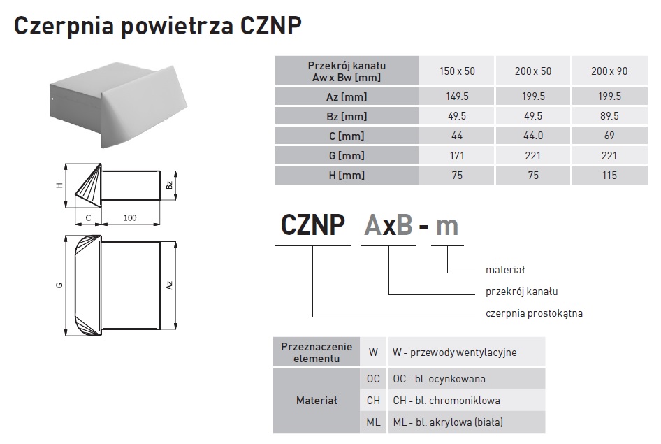 Czerpnia powietrza kanał prostokątna CZNP150x50-CH