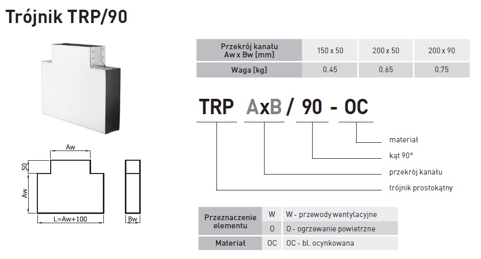 Trójnik kanał TRP150x50/90-OC